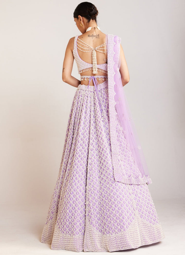 Lilac Georgette Lehenga Set With Pearl Tasseled Blouse Vvani By Vani Vats - Fabilicious Fashion