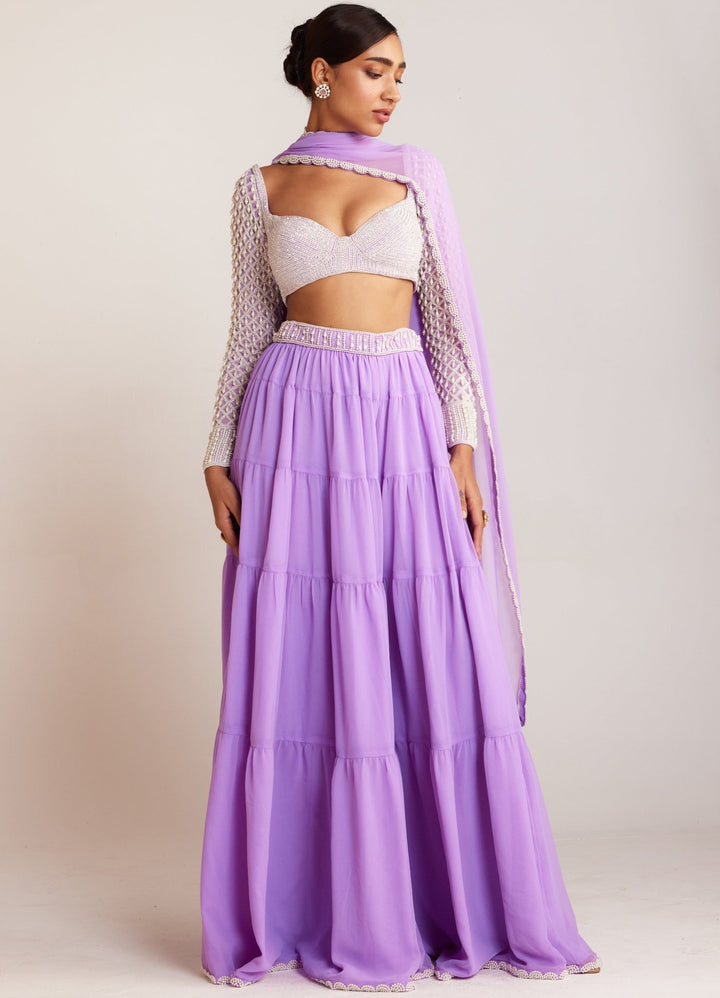 Lilac Georgette Sharara Set With Pearl Drop Full Sleeved Blouse Vvani By Vani Vats - Fabilicious Fashion