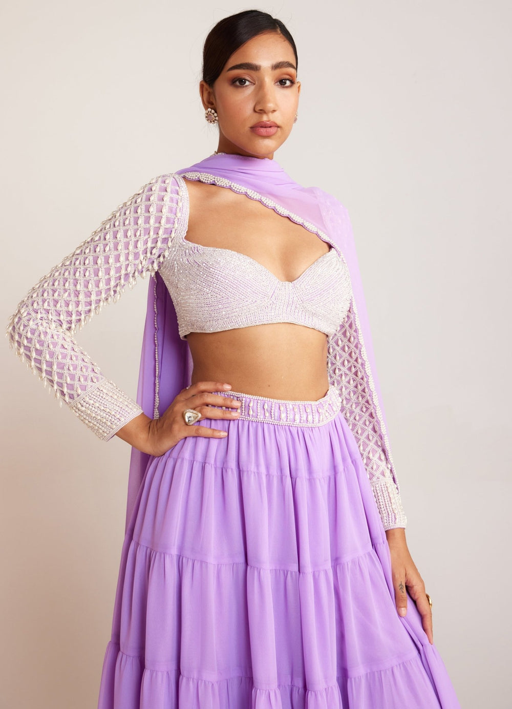 Lilac Georgette Sharara Set With Pearl Drop Full Sleeved Blouse Vvani By Vani Vats - Fabilicious Fashion