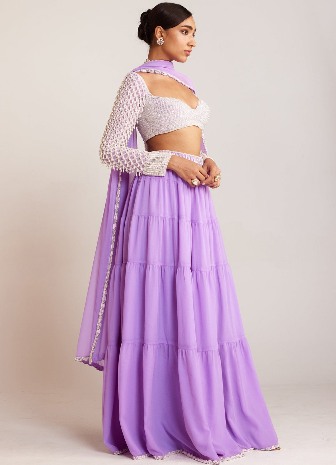 Lilac Georgette Sharara Set With Pearl Drop Full Sleeved Blouse Vvani By Vani Vats - Fabilicious Fashion