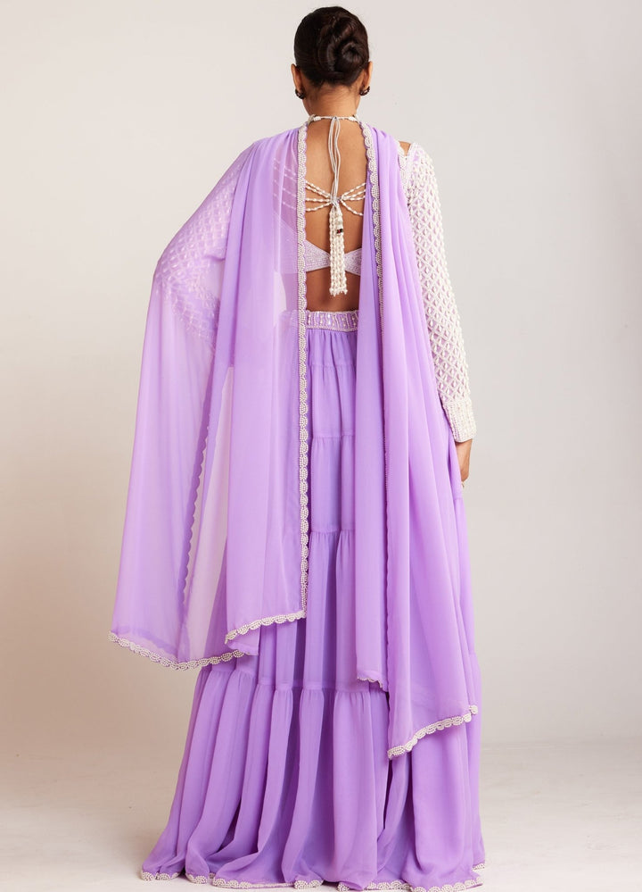 Lilac Georgette Sharara Set With Pearl Drop Full Sleeved Blouse Vvani By Vani Vats - Fabilicious Fashion