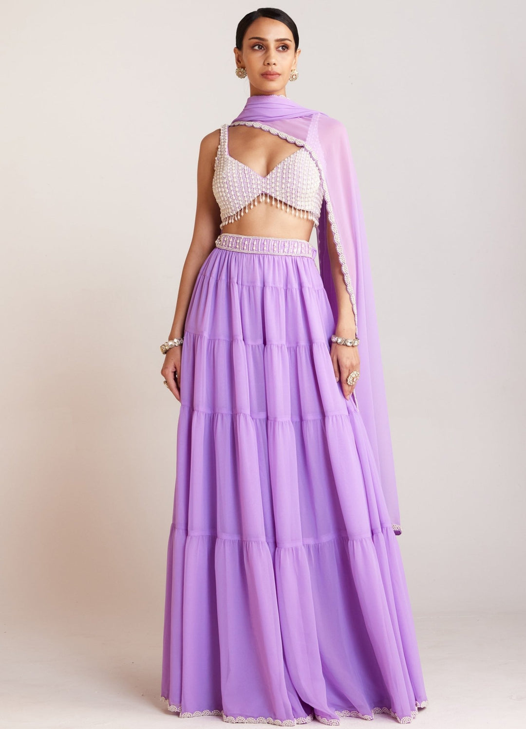 Lilac Georgette Sharara Set With Pearl Embellished Blouse And Dupatta Vvani By Vani Vats - Fabilicious Fashion
