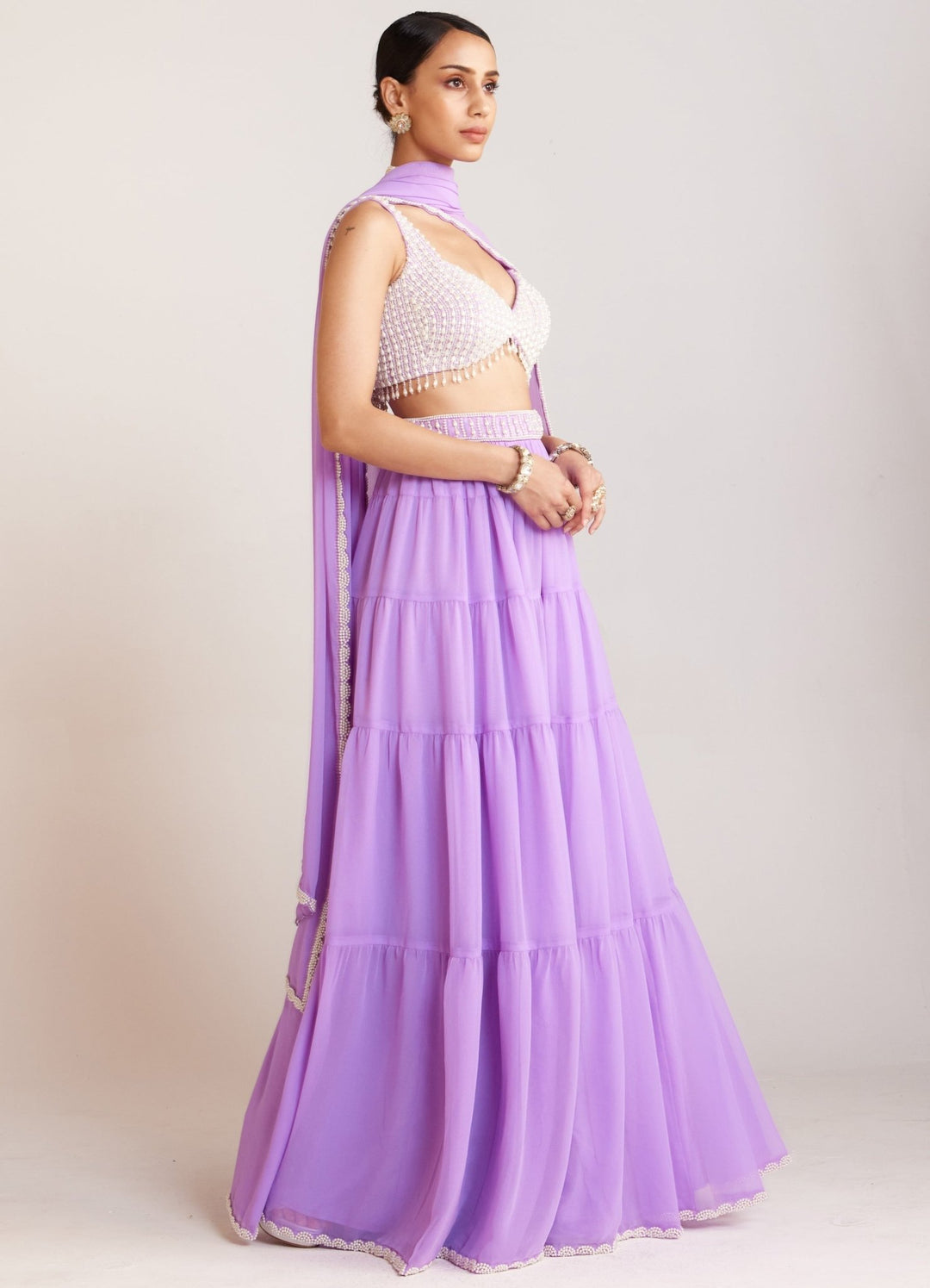 Lilac Georgette Sharara Set With Pearl Embellished Blouse And Dupatta Vvani By Vani Vats - Fabilicious Fashion