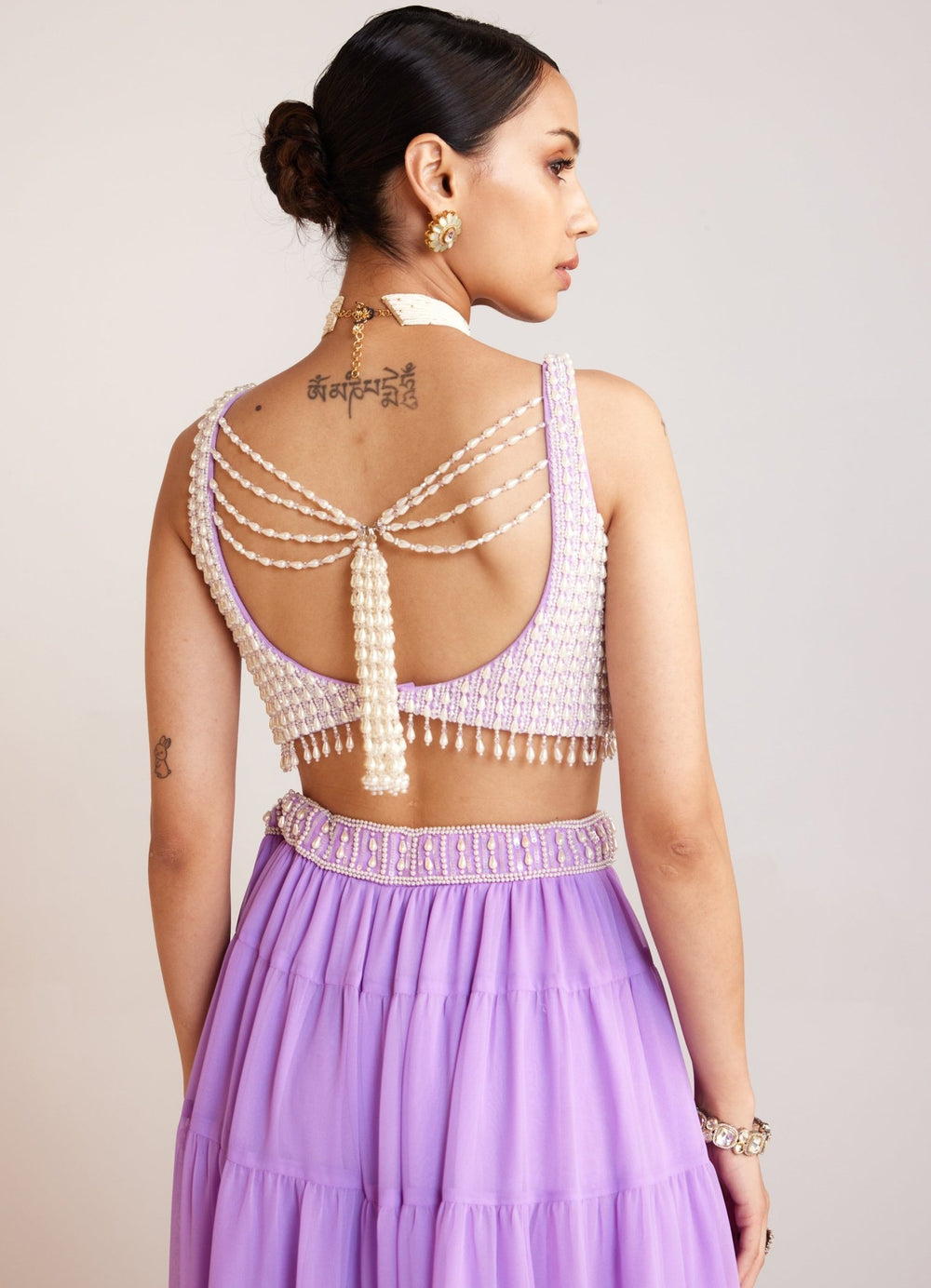 Lilac Georgette Sharara Set With Pearl Embellished Blouse And Dupatta Vvani By Vani Vats - Fabilicious Fashion