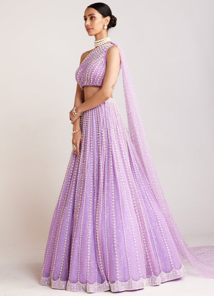 Lilac Net Lehenga With One Shoulder Blouse Set Vvani By Vani Vats - Fabilicious Fashion