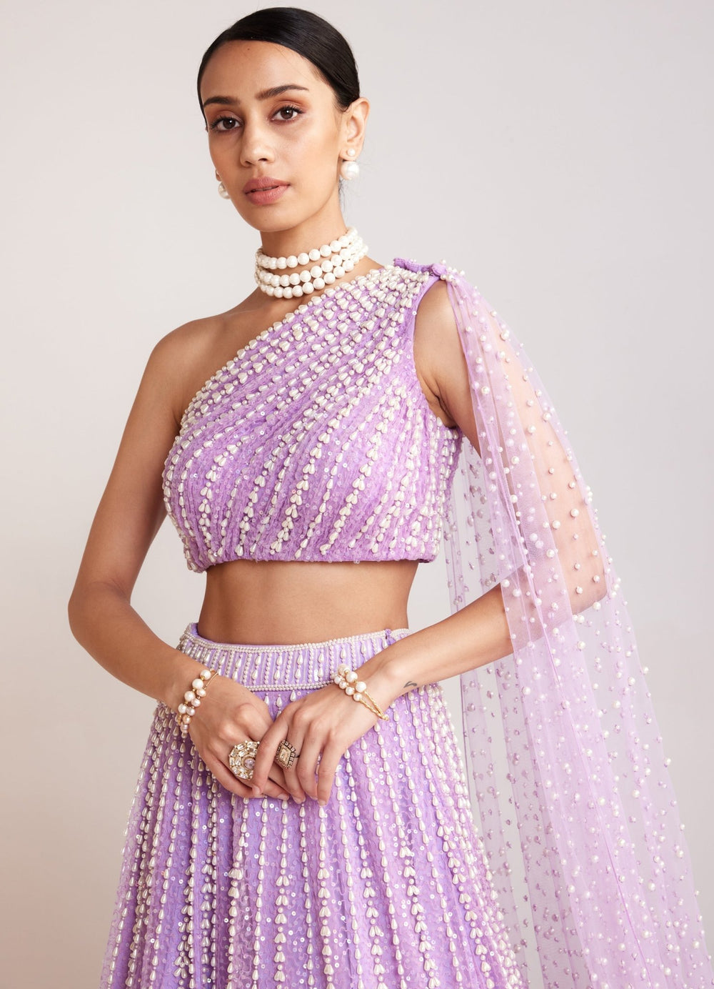 Lilac Net Lehenga With One Shoulder Blouse Set Vvani By Vani Vats - Fabilicious Fashion