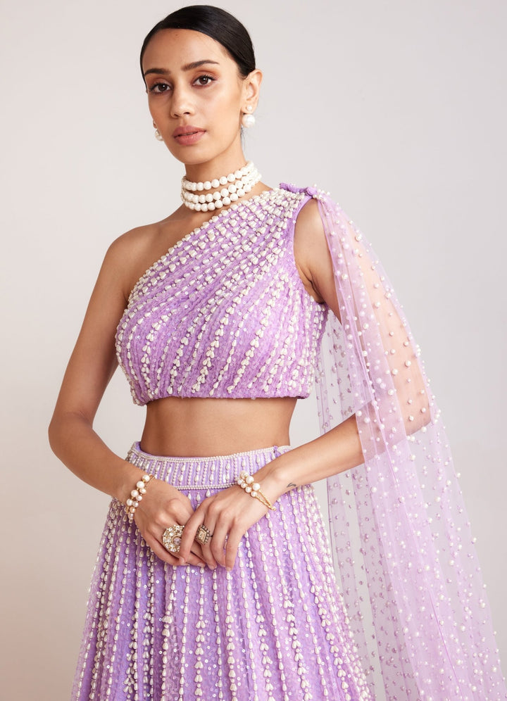 Lilac Net Lehenga With One Shoulder Blouse Set Vvani By Vani Vats - Fabilicious Fashion