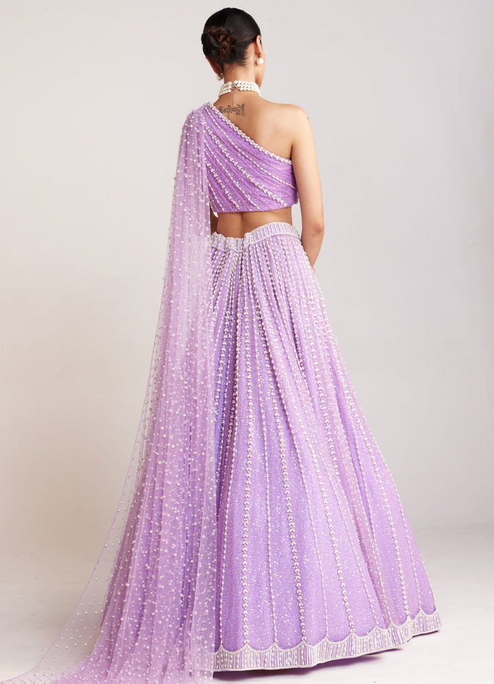 Lilac Net Lehenga With One Shoulder Blouse Set Vvani By Vani Vats - Fabilicious Fashion