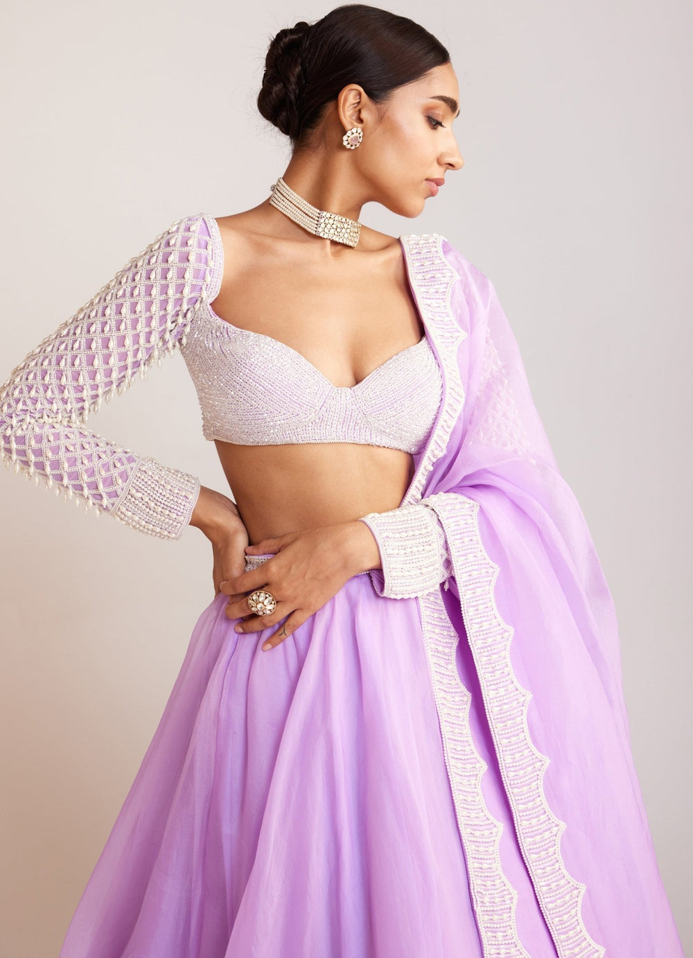Lilac Organza Embellished Lehenga Set With Fulll Sleeved Blouse Vvani By Vani Vats - Fabilicious Fashion