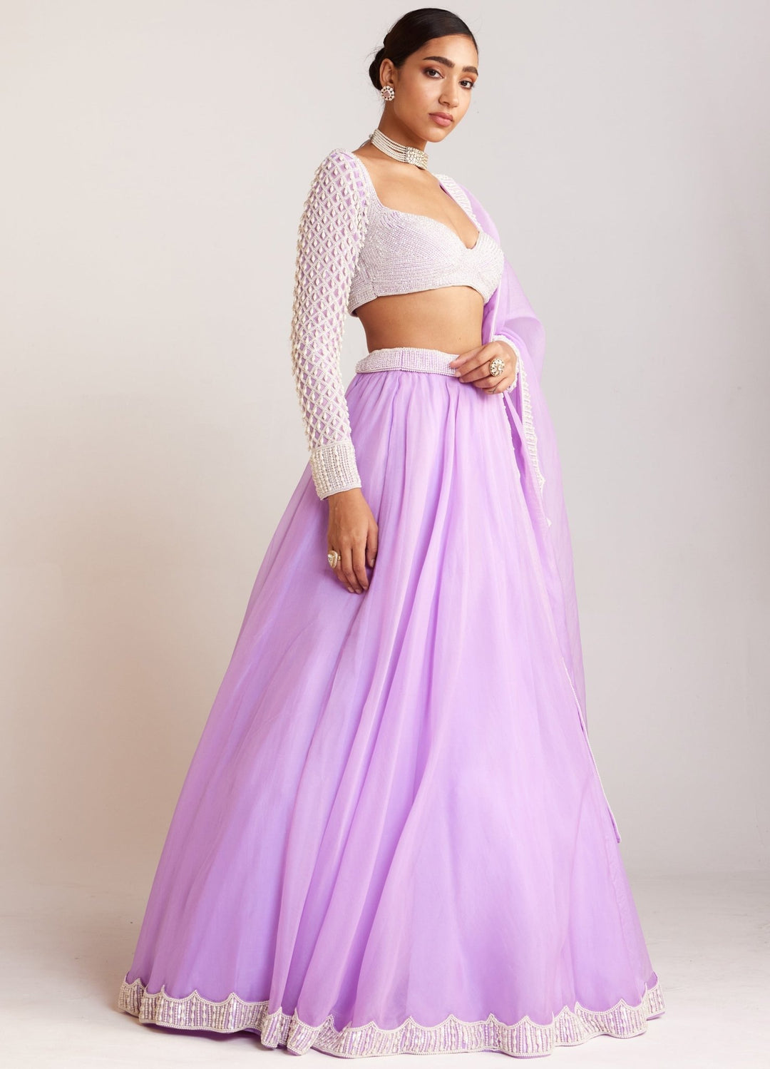 Lilac Organza Embellished Lehenga Set With Fulll Sleeved Blouse Vvani By Vani Vats - Fabilicious Fashion