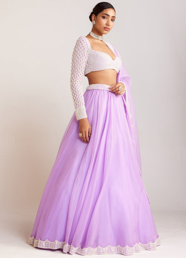 Lilac Organza Embellished Lehenga Set With Fulll Sleeved Blouse Vvani By Vani Vats - Fabilicious Fashion