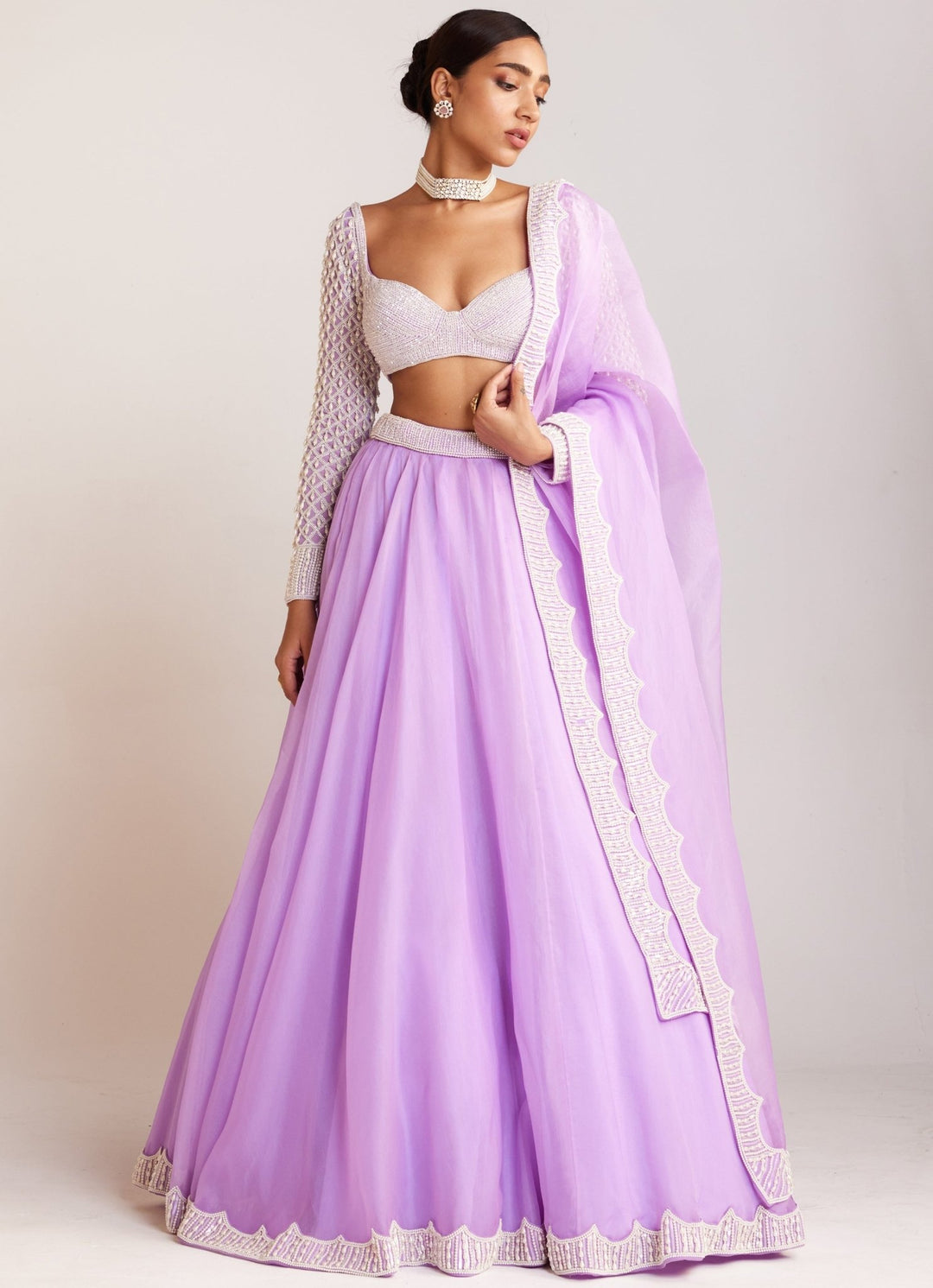 Lilac Organza Embellished Lehenga Set With Fulll Sleeved Blouse Vvani By Vani Vats - Fabilicious Fashion