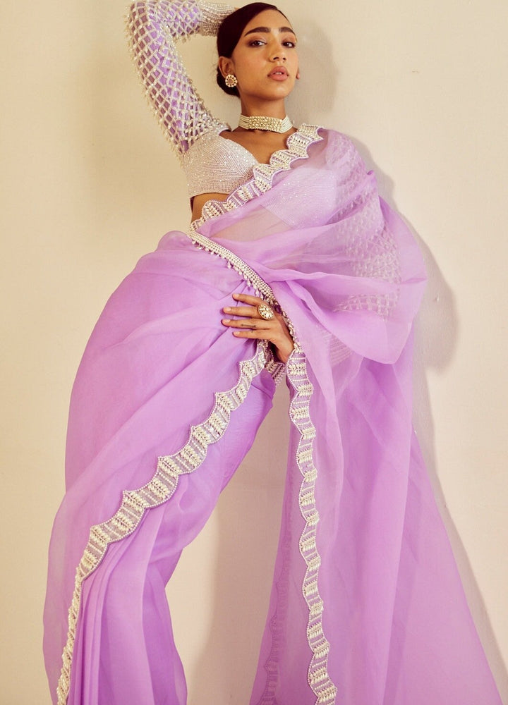 Lilac Organza Saree With Pearl Drop Full Sleeved Blouse Vvani By Vani Vats - Fabilicious Fashion