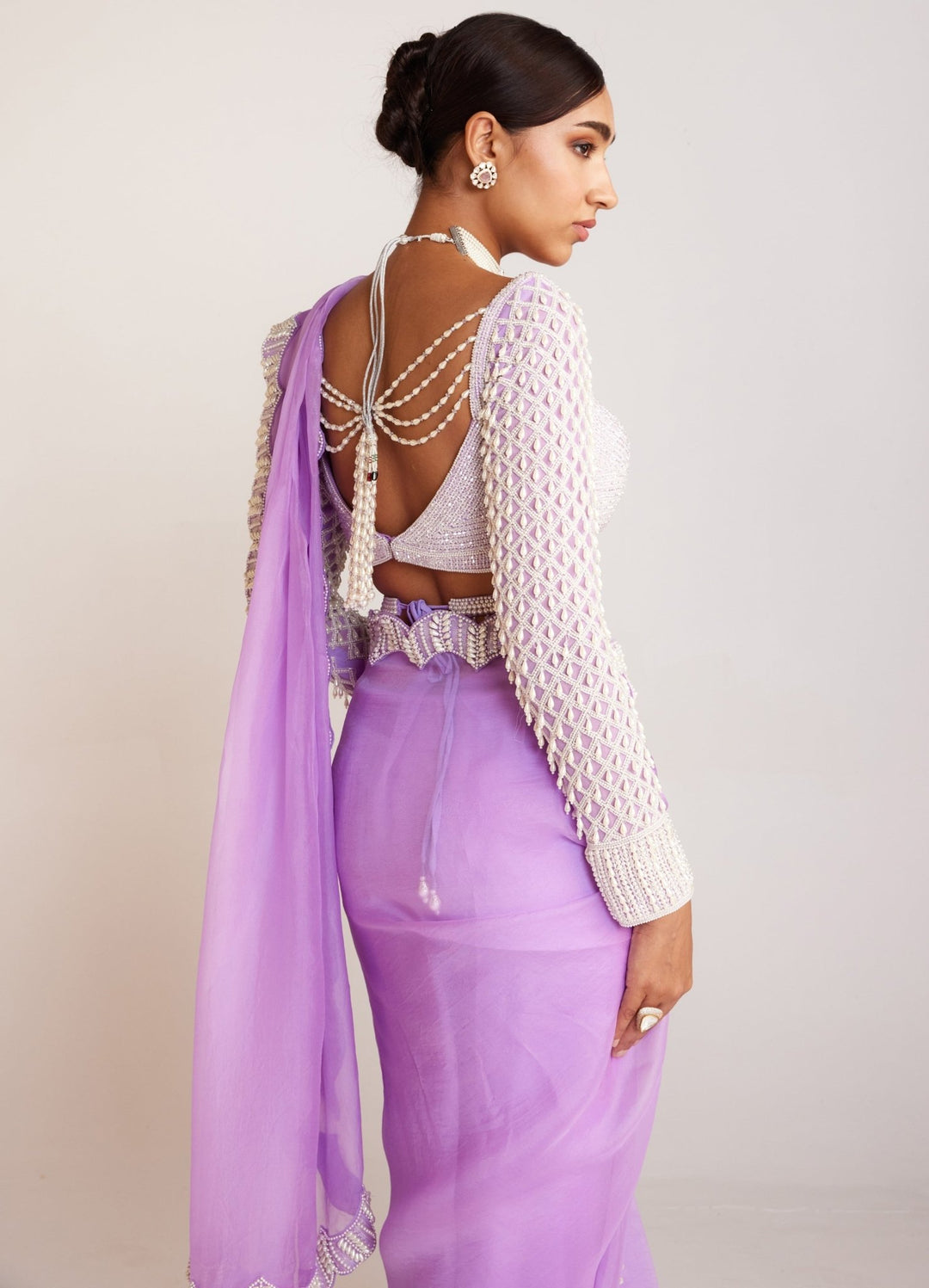 Lilac Organza Saree With Pearl Drop Full Sleeved Blouse Vvani By Vani Vats - Fabilicious Fashion