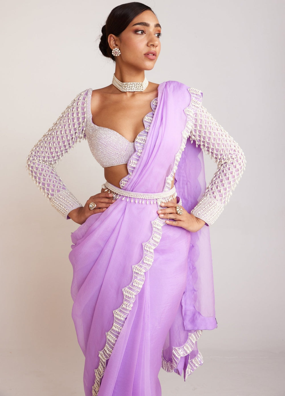 Lilac Organza Saree With Pearl Drop Full Sleeved Blouse Vvani By Vani Vats - Fabilicious Fashion