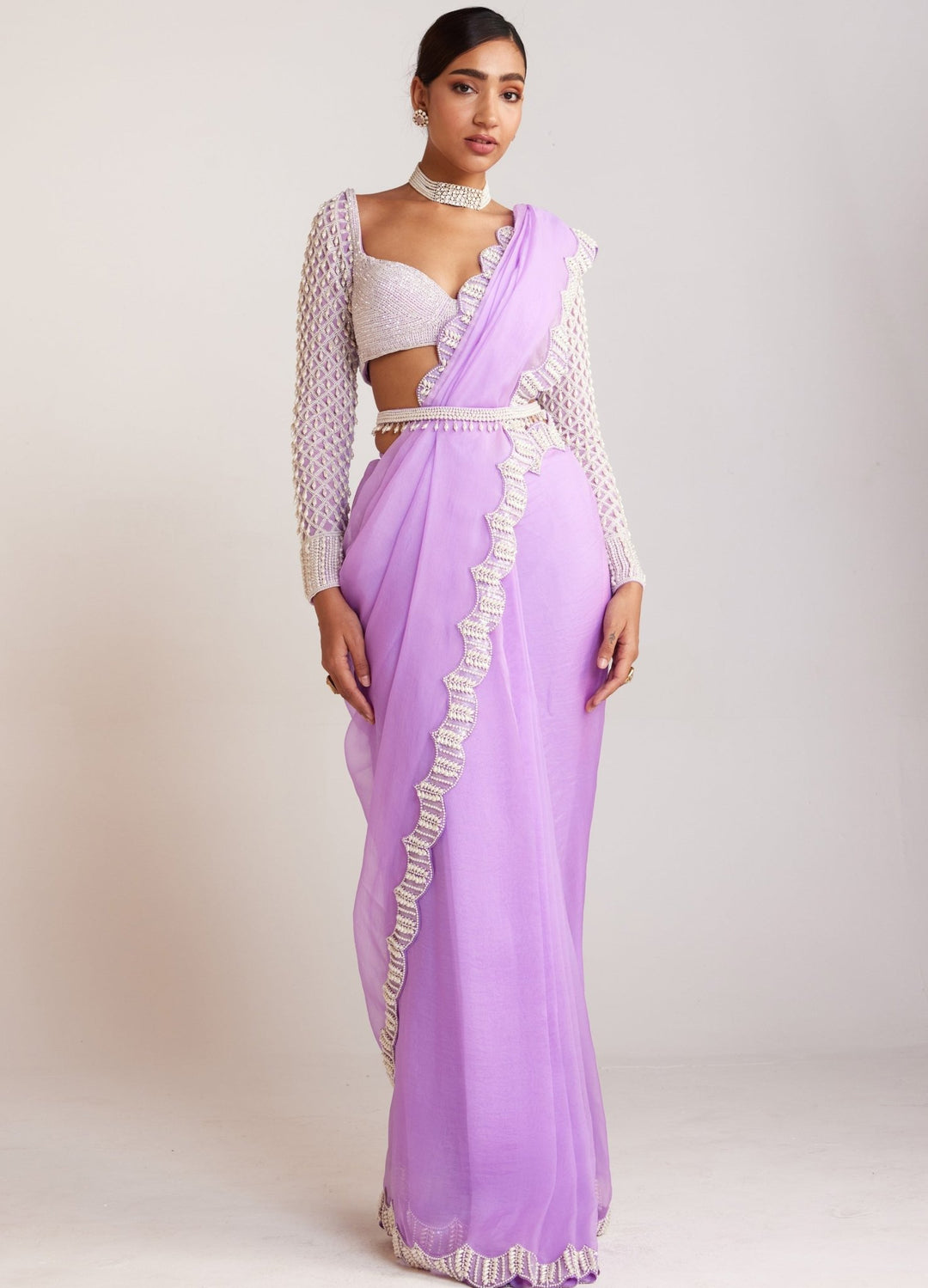 Lilac Organza Saree With Pearl Drop Full Sleeved Blouse Vvani By Vani Vats - Fabilicious Fashion