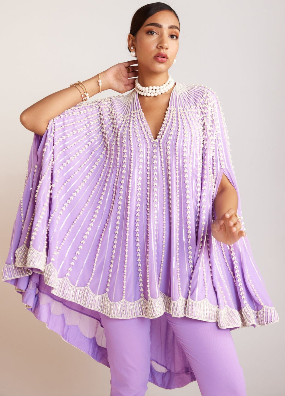 Lilac Pearl Embellished Asymmetric Cape And Pant Set Vvani By Vani Vats - Fabilicious Fashion