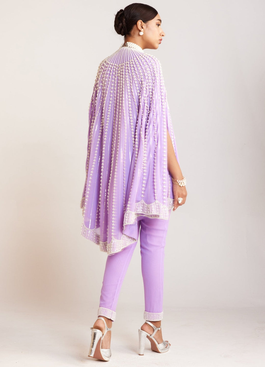 Lilac Pearl Embellished Asymmetric Cape And Pant Set Vvani By Vani Vats - Fabilicious Fashion