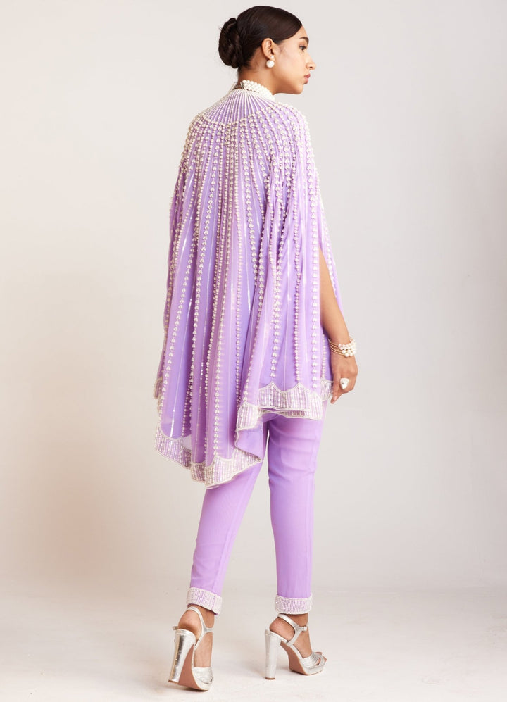 Lilac Pearl Embellished Asymmetric Cape And Pant Set Vvani By Vani Vats - Fabilicious Fashion