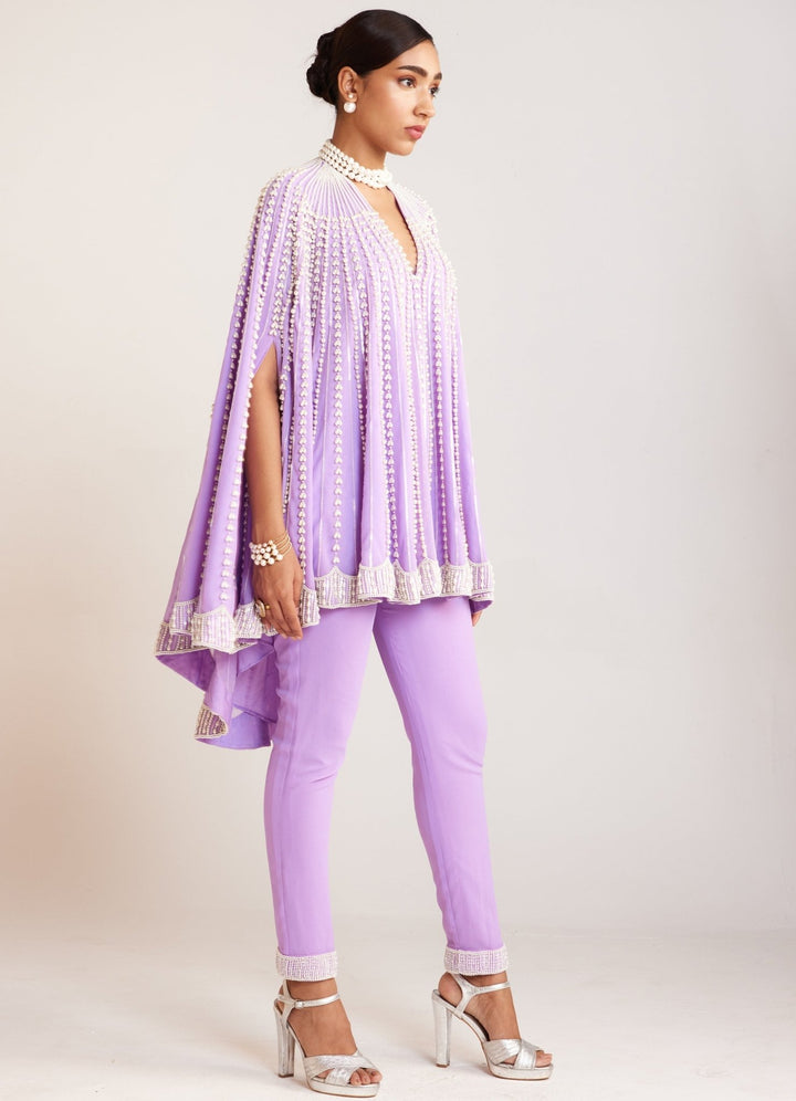 Lilac Pearl Embellished Asymmetric Cape And Pant Set Vvani By Vani Vats - Fabilicious Fashion
