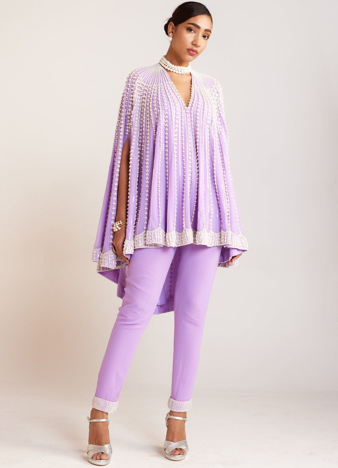 Lilac Pearl Embellished Asymmetric Cape And Pant Set Vvani By Vani Vats - Fabilicious Fashion