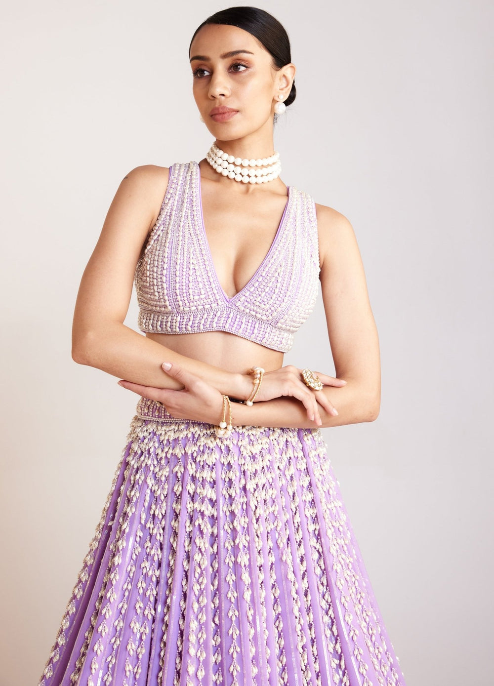 Lilac Pearl Embellished Lehenga Set With Sleeveless Blouse And Dupatta Vvani By Vani Vats - Fabilicious Fashion