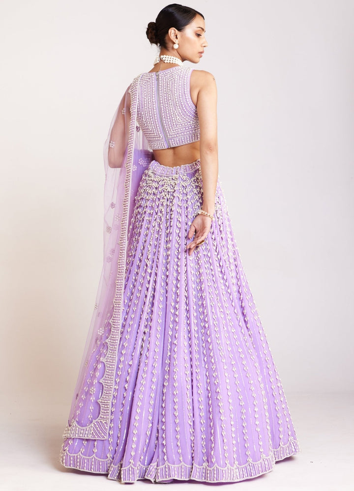 Lilac Pearl Embellished Lehenga Set With Sleeveless Blouse And Dupatta Vvani By Vani Vats - Fabilicious Fashion