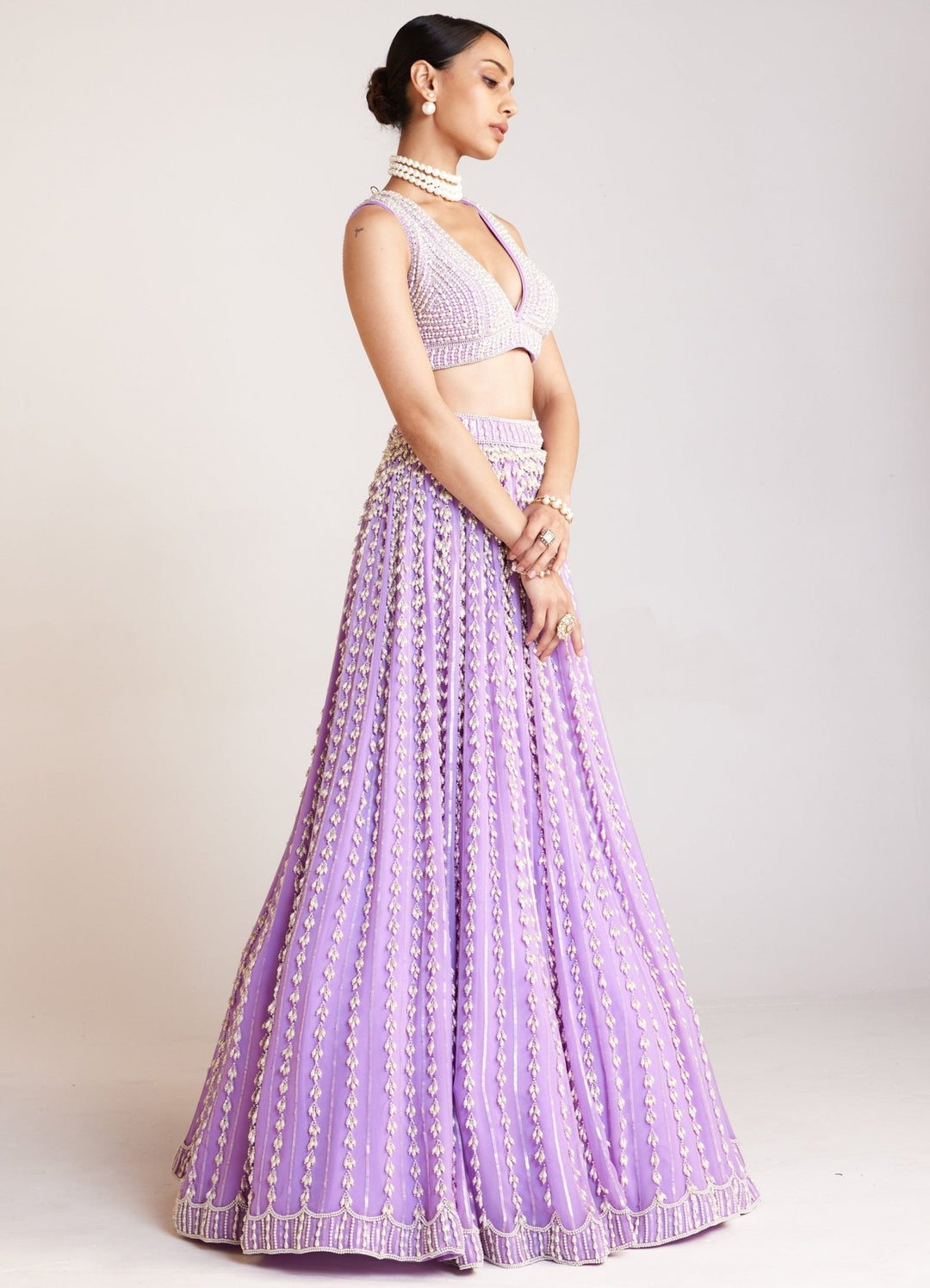 Lilac Pearl Embellished Lehenga Set With Sleeveless Blouse And Dupatta Vvani By Vani Vats - Fabilicious Fashion