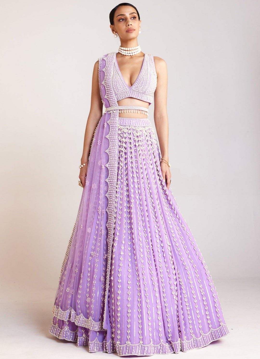Lilac Pearl Embellished Lehenga Set With Sleeveless Blouse And Dupatta Vvani By Vani Vats - Fabilicious Fashion