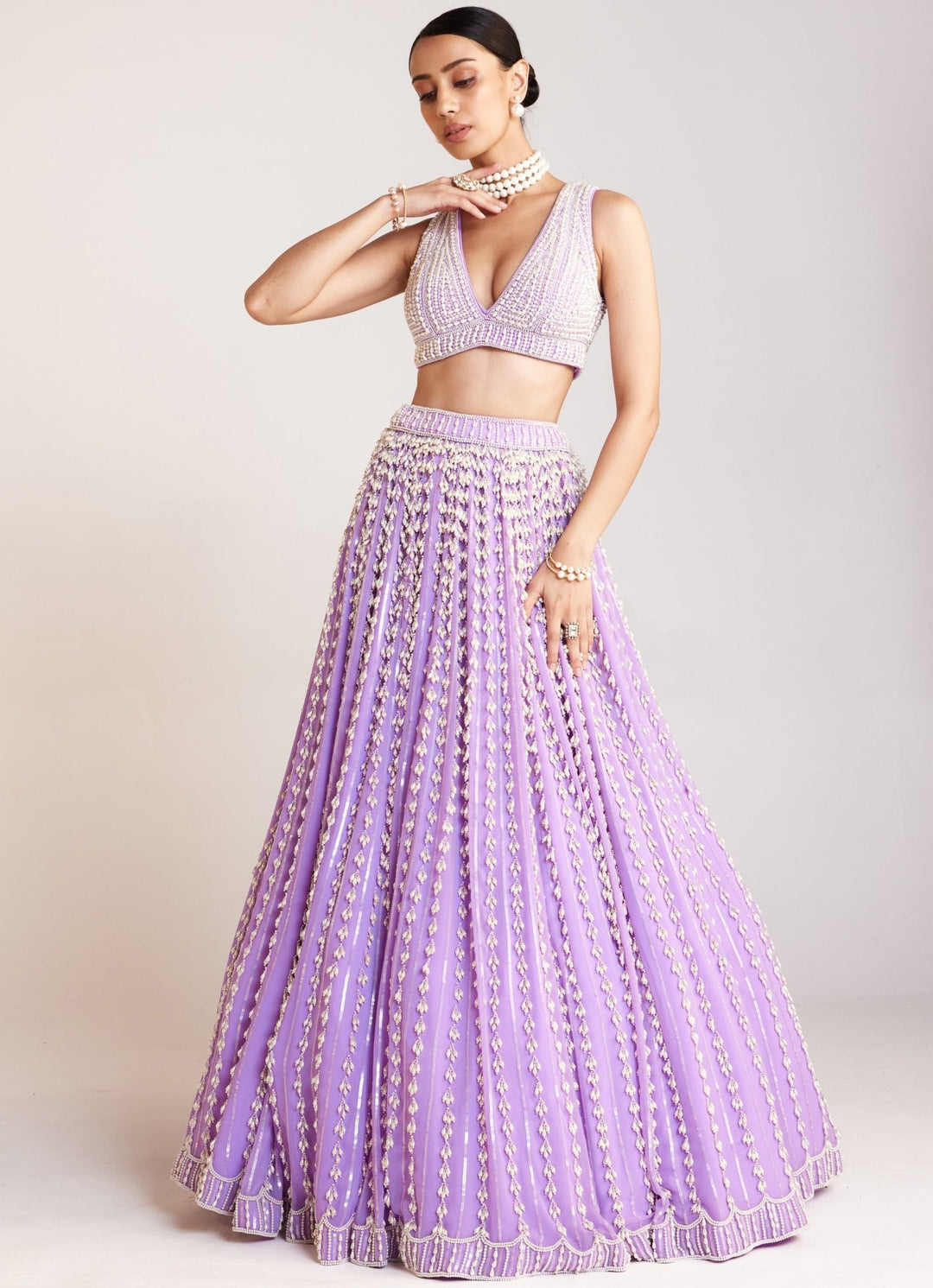 Lilac Pearl Embellished Lehenga Set With Sleeveless Blouse And Dupatta Vvani By Vani Vats - Fabilicious Fashion