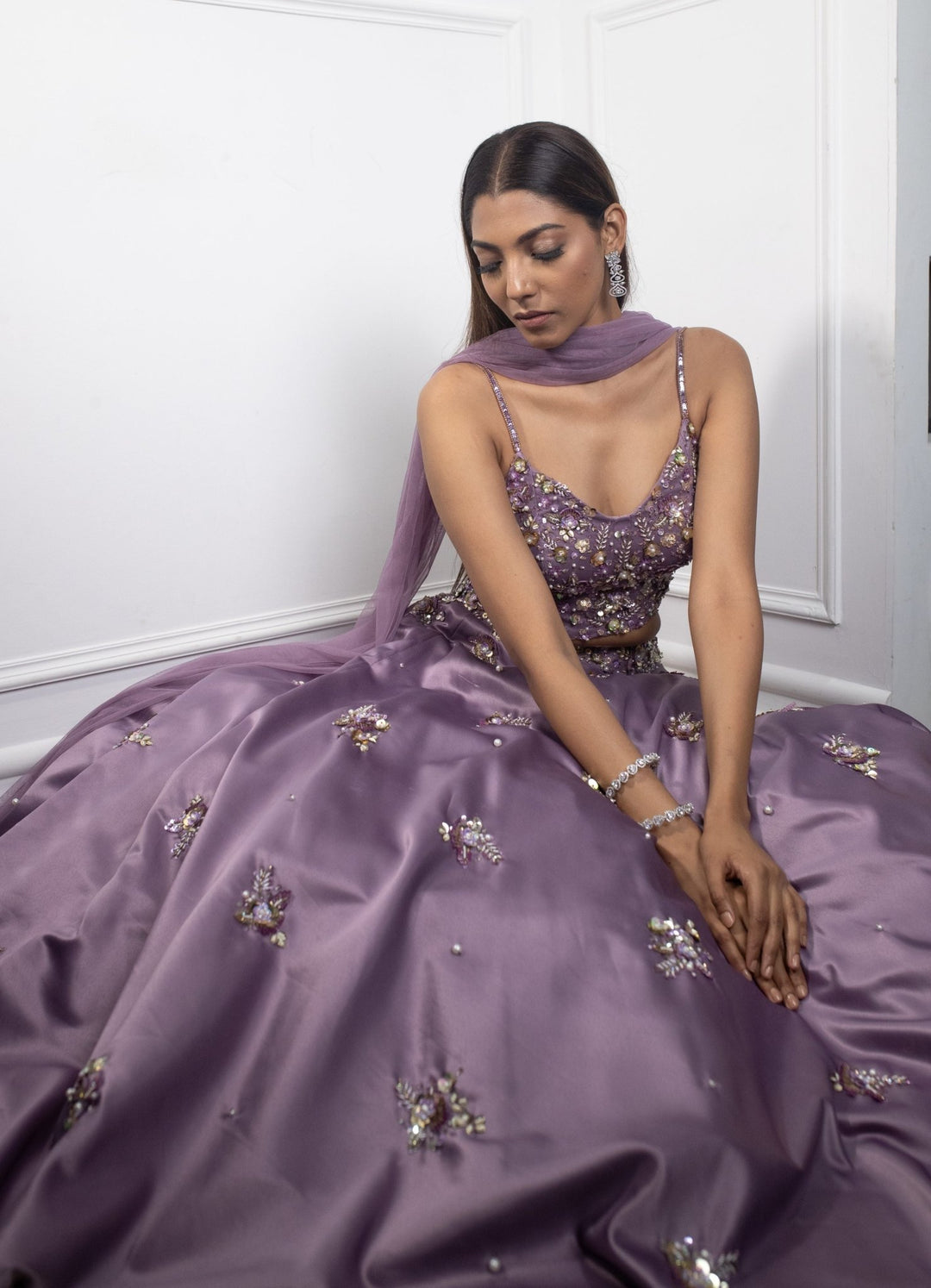 Lilac Satin Floral Lehenga Parul Gandhi - Fabilicious Fashion