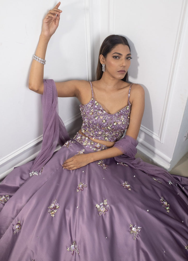 Lilac Satin Floral Lehenga Parul Gandhi - Fabilicious Fashion