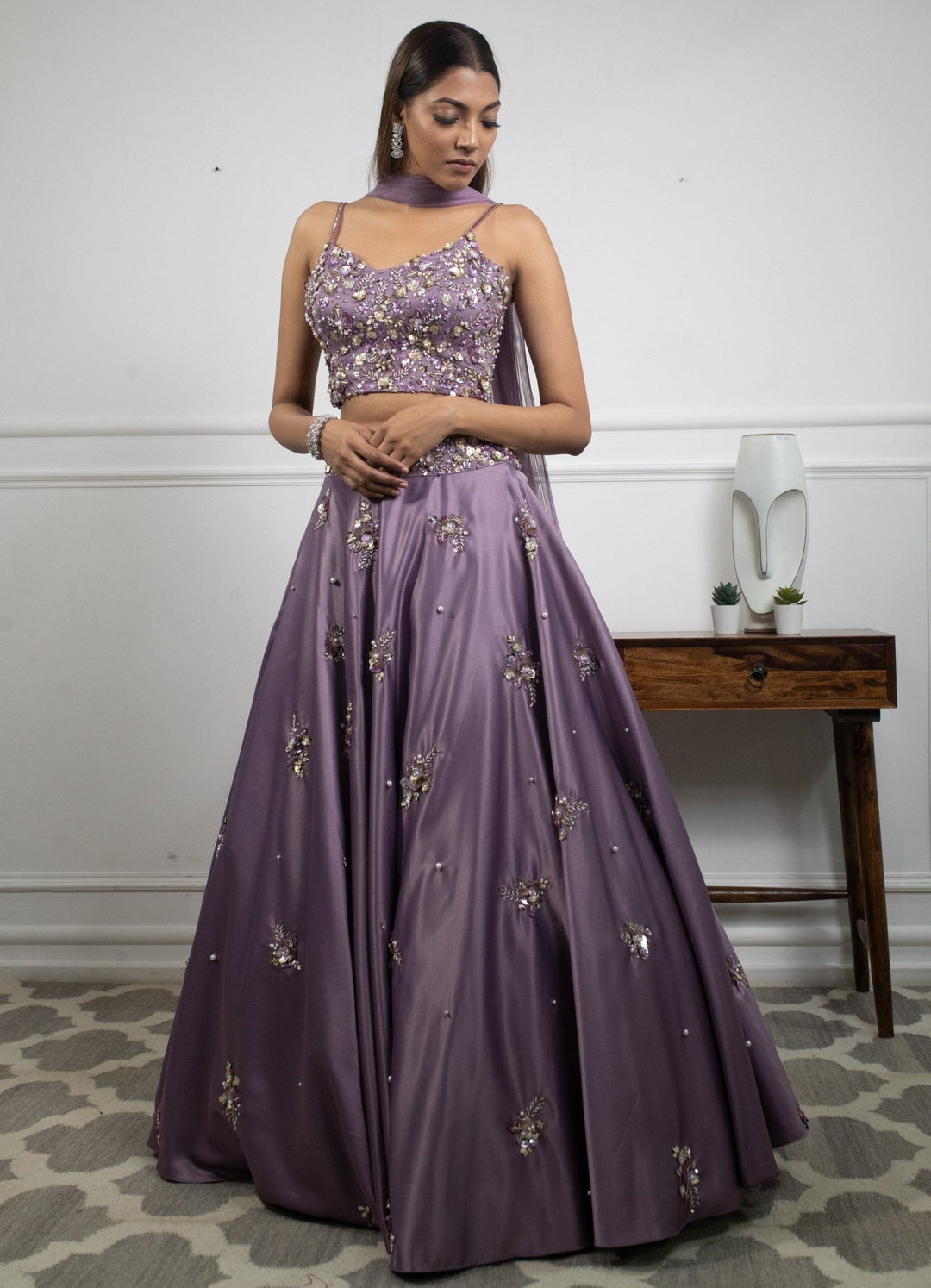 Lilac Satin Floral Lehenga Parul Gandhi - Fabilicious Fashion