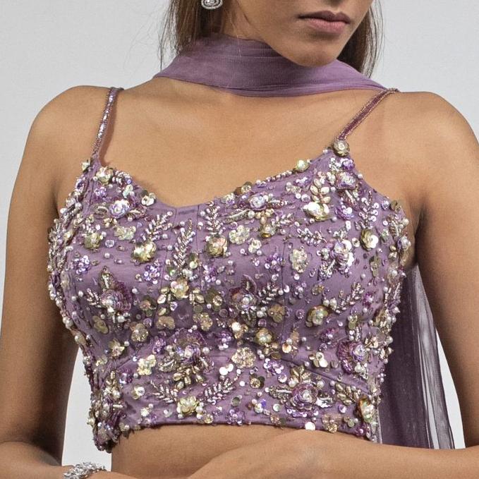 Lilac Satin Floral Lehenga Parul Gandhi - Fabilicious Fashion