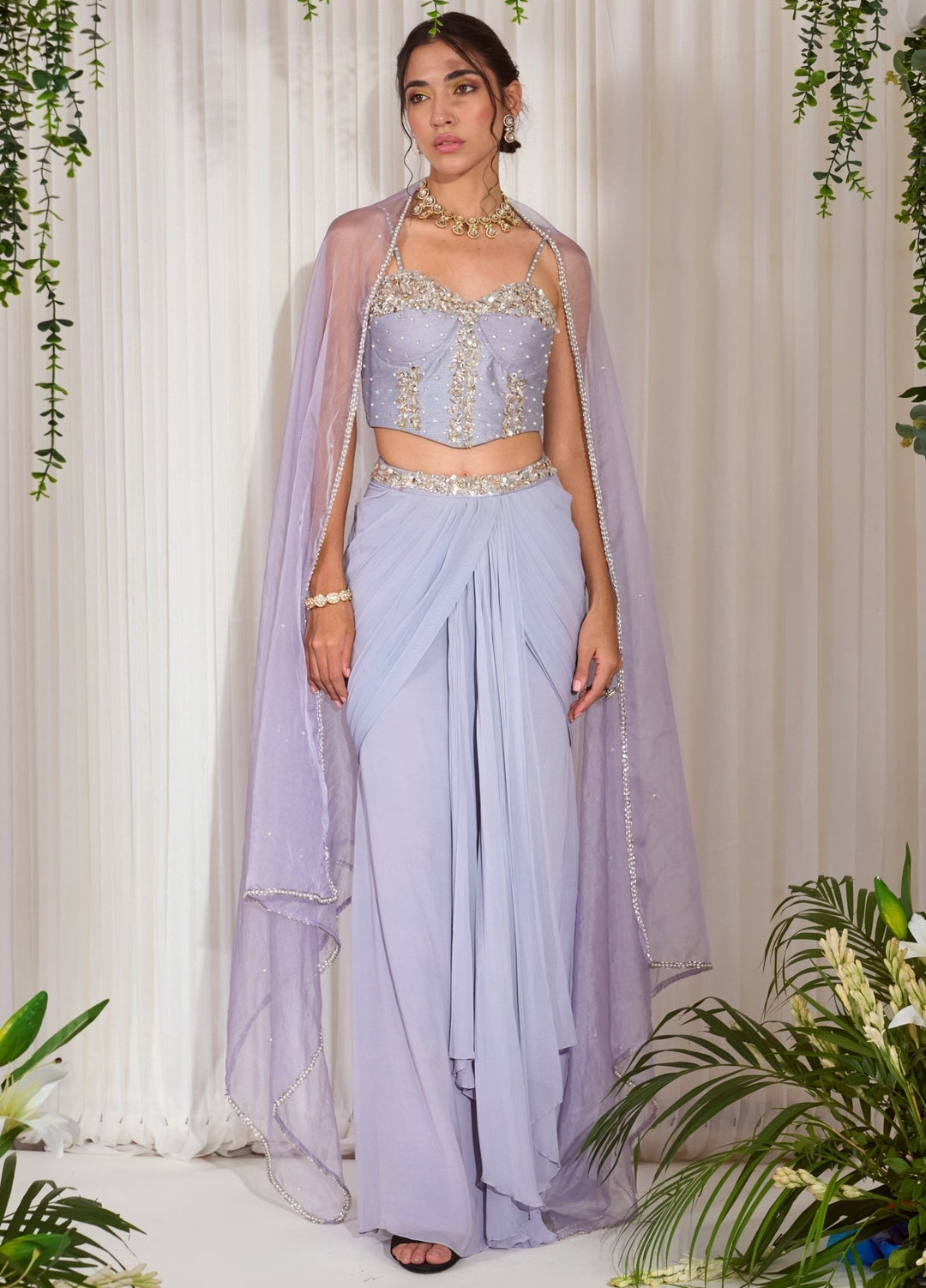 Lilac Silk Draped Lehenga Set With Corset Nidhika Shekhar - Fabilicious Fashion