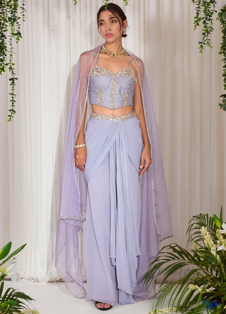 Lilac Silk Draped Lehenga Set With Corset Nidhika Shekhar - Fabilicious Fashion