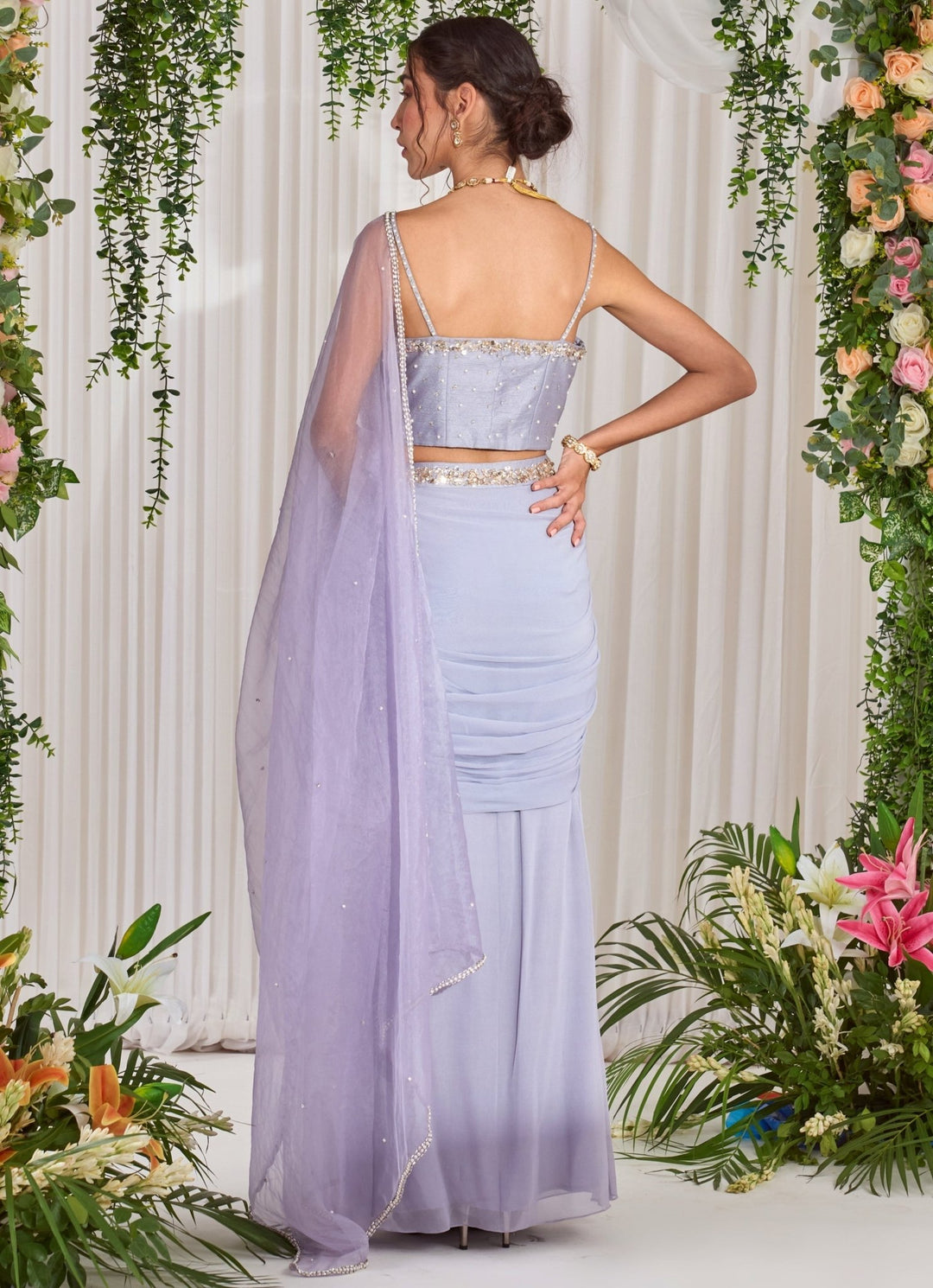 Lilac Silk Draped Lehenga Set With Corset Nidhika Shekhar