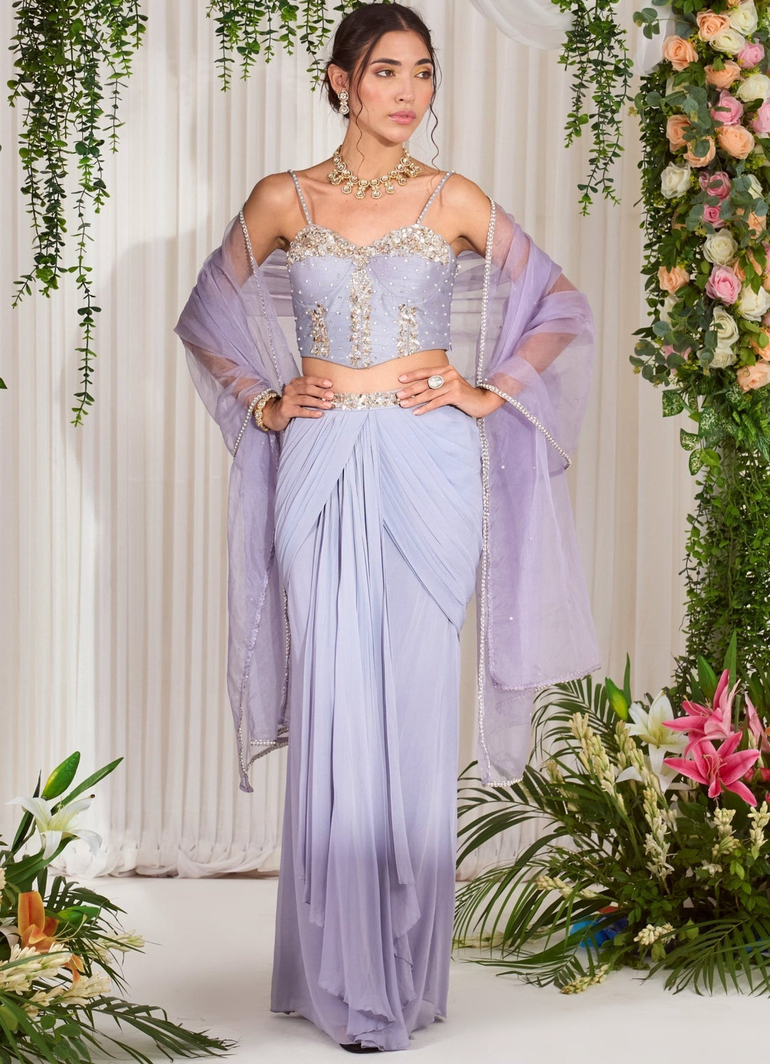 Lilac Silk Draped Lehenga Set With Corset Nidhika Shekhar - Fabilicious Fashion