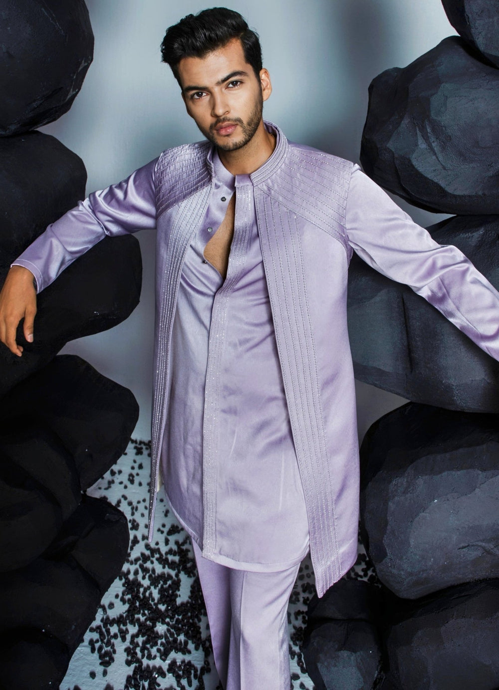 Lilac Silk Shrug Set With Front Open Kurta Contrast By Parth - Fabilicious Fashion