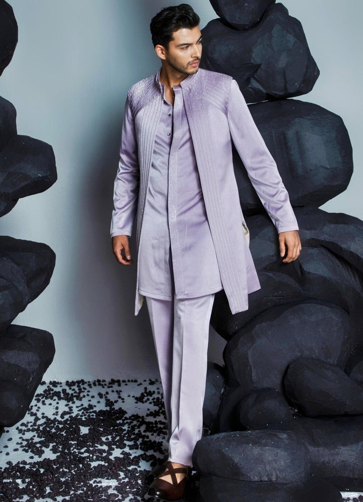 Lilac Silk Shrug Set With Front Open Kurta Contrast By Parth - Fabilicious Fashion