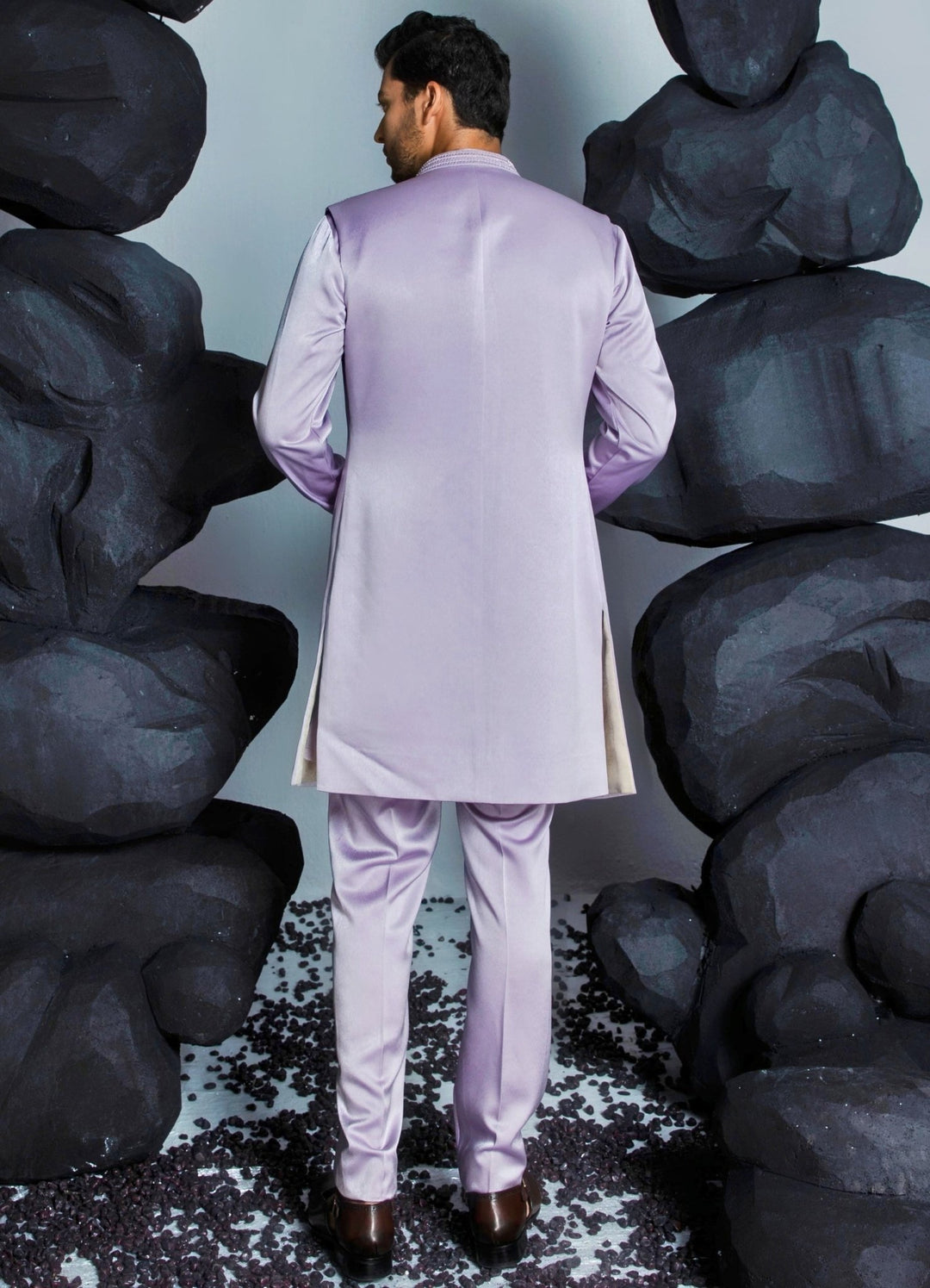 Lilac Silk Shrug Set With Front Open Kurta Contrast By Parth - Fabilicious Fashion