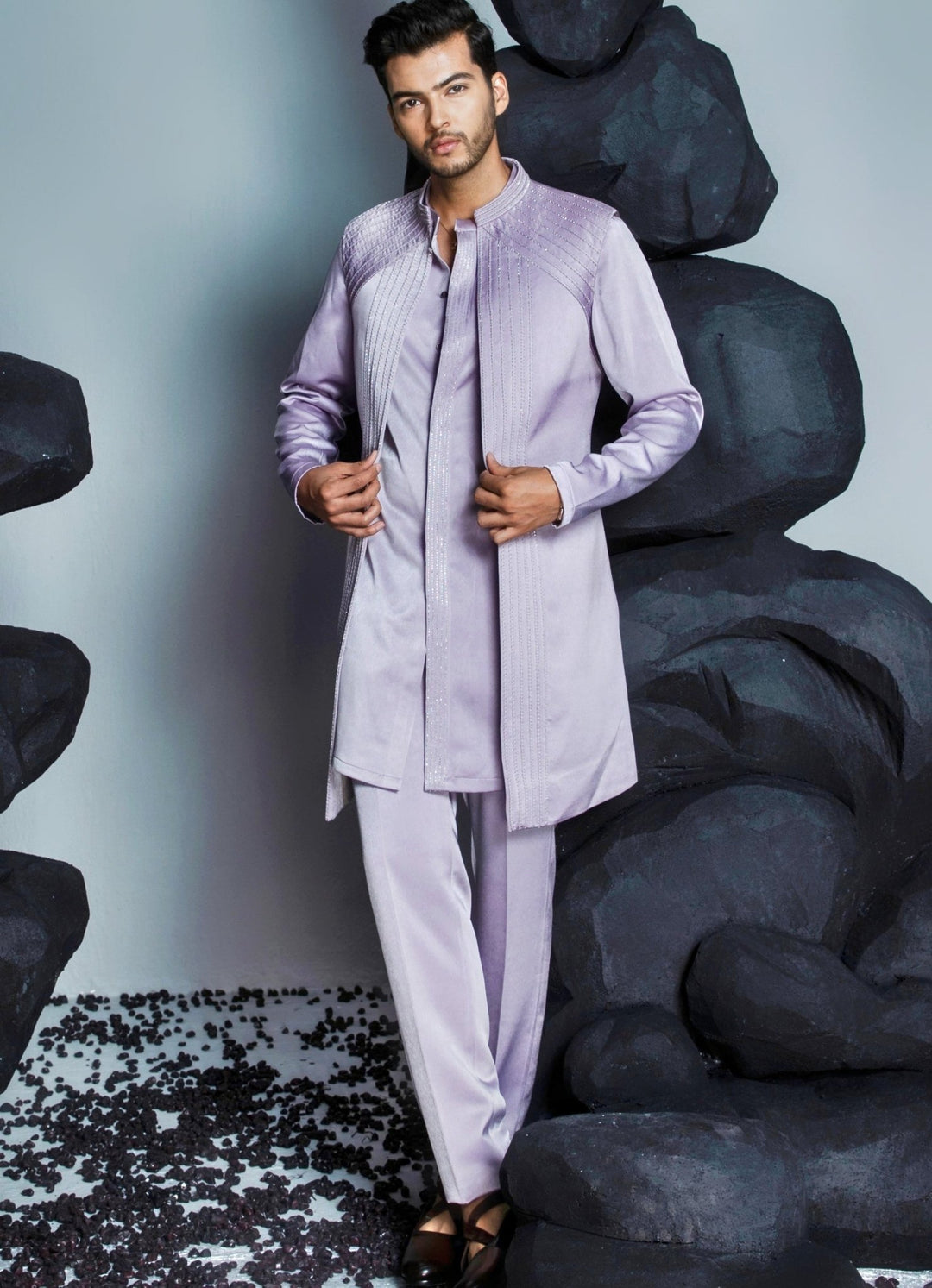 Lilac Silk Shrug Set With Front Open Kurta Contrast By Parth - Fabilicious Fashion