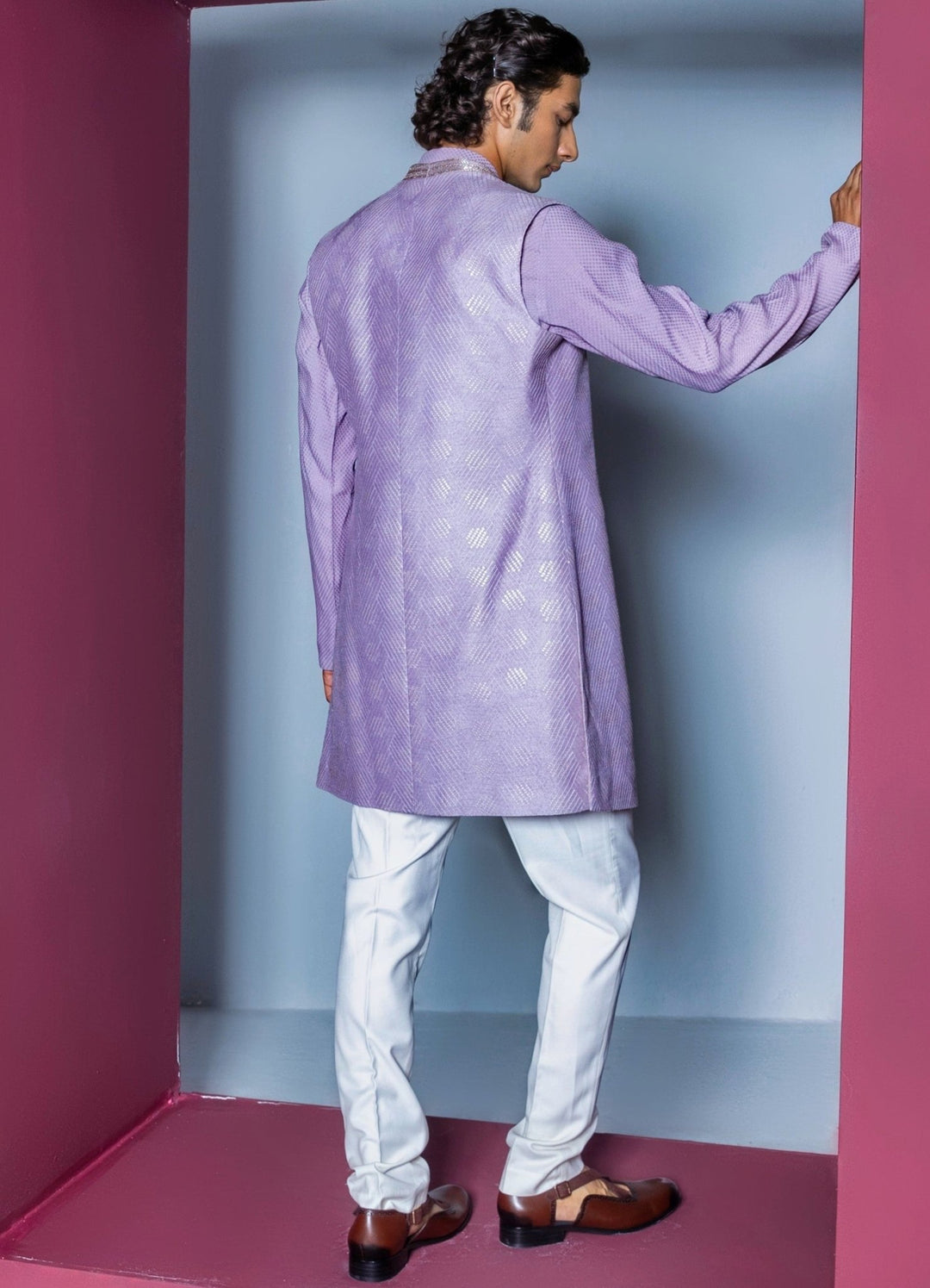 Lilac Silk Shrug Set With Kurta Contrast By Parth - Fabilicious Fashion