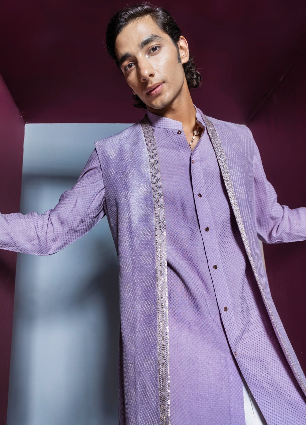 Lilac Silk Shrug Set With Kurta Contrast By Parth - Fabilicious Fashion