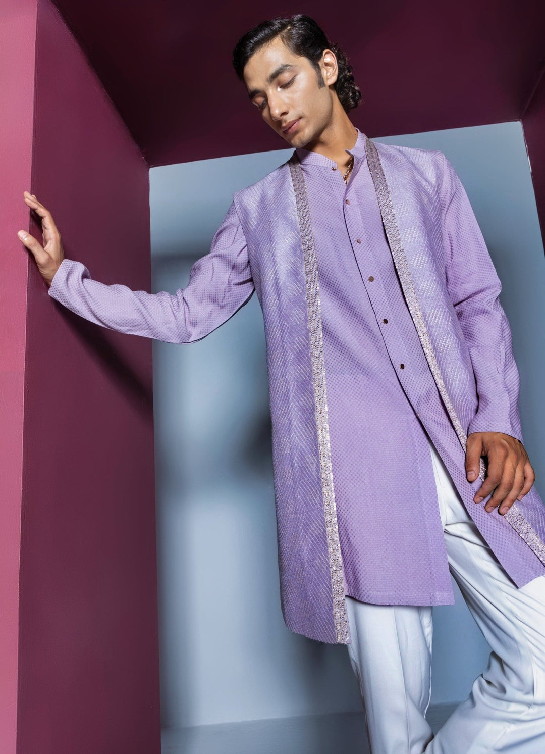 Lilac Silk Shrug Set With Kurta Contrast By Parth - Fabilicious Fashion