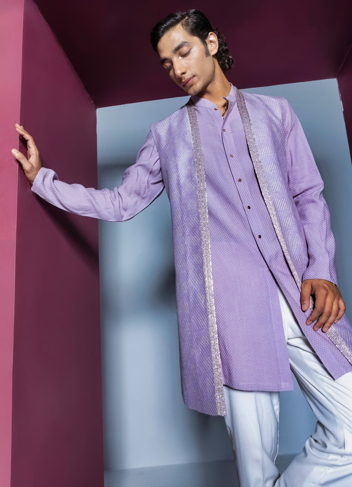 Lilac Silk Shrug Set With Kurta Contrast By Parth - Fabilicious Fashion