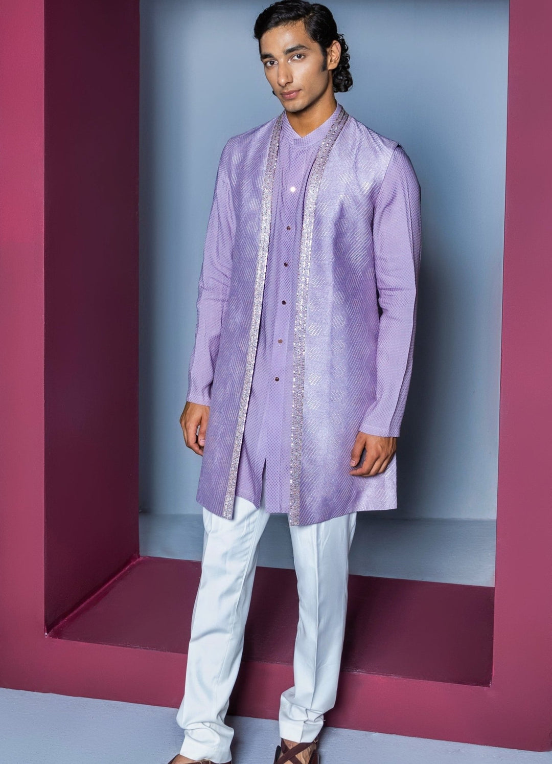 Lilac Silk Shrug Set With Kurta Contrast By Parth - Fabilicious Fashion