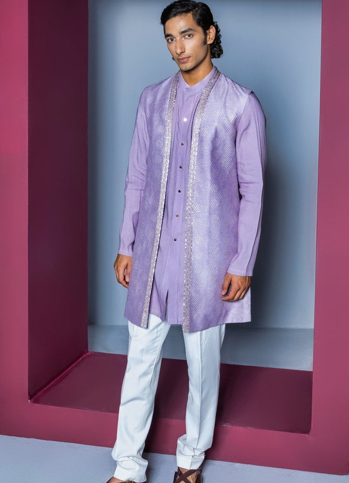 Lilac Silk Shrug Set With Kurta Contrast By Parth - Fabilicious Fashion