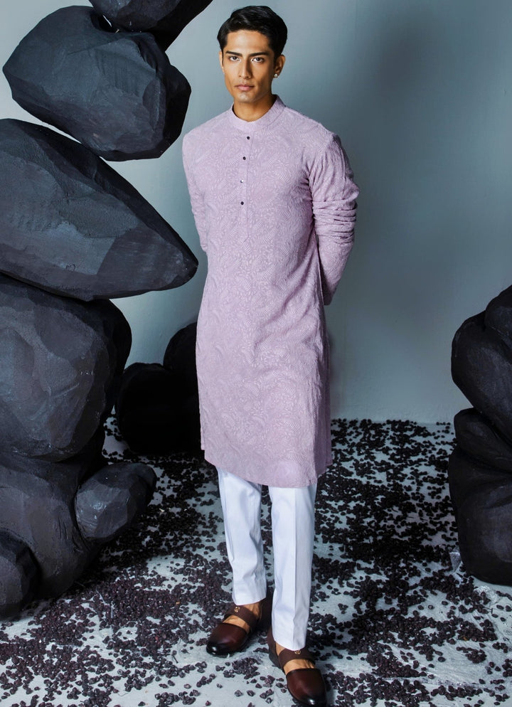 Lilac Threadwork Georgette Kurta And Pant Set Contrast By Parth - Fabilicious Fashion