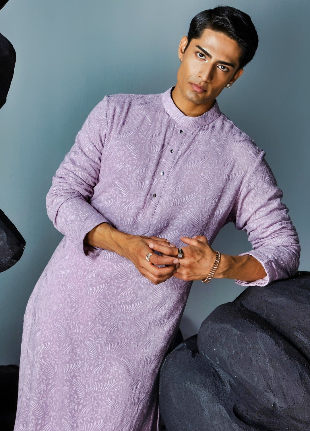 Lilac Threadwork Georgette Kurta And Pant Set Contrast By Parth - Fabilicious Fashion